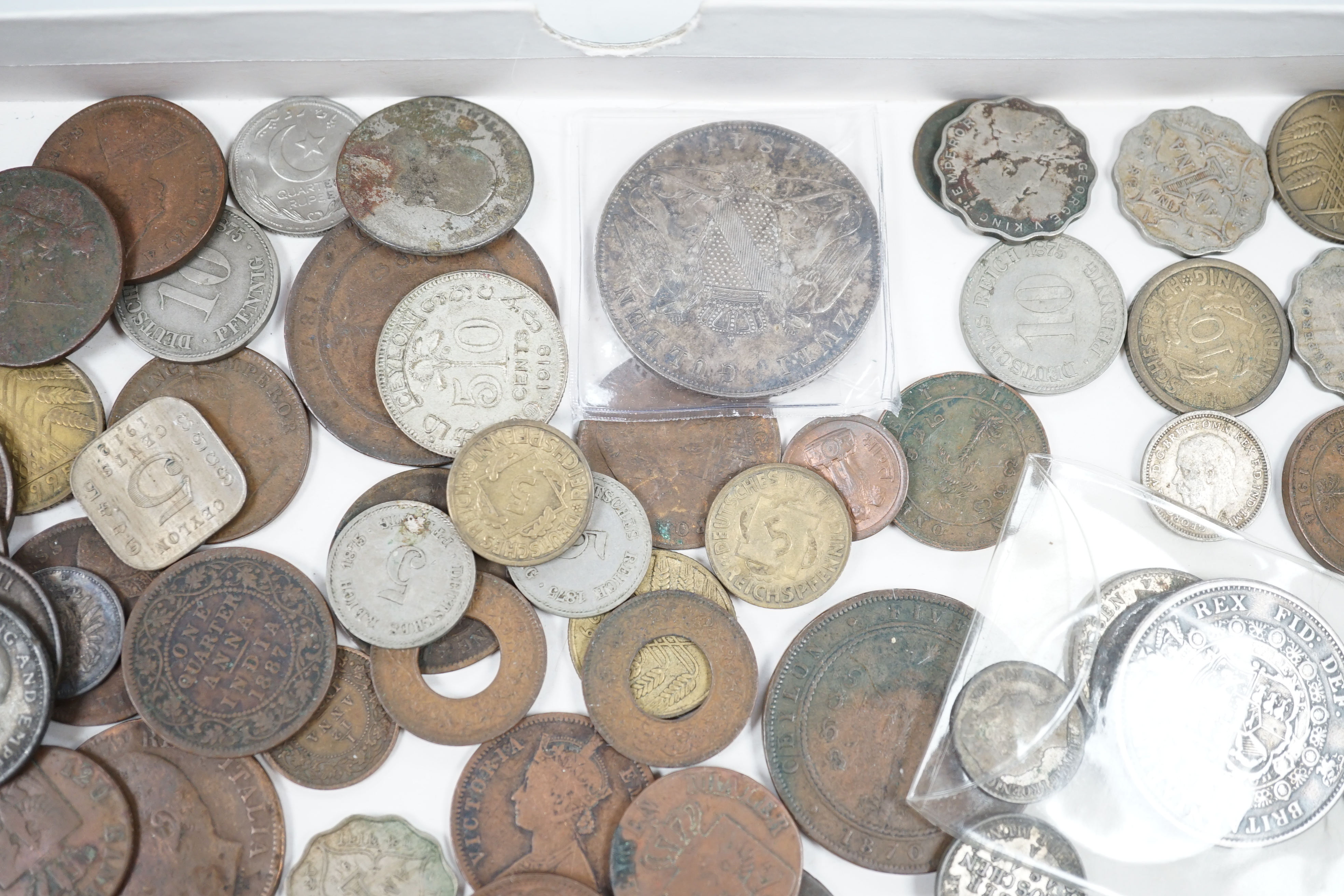 A collection of coins including an Elizabeth I shilling, a Baden zwei Gulden 1847, halfcrown 1816 etc.